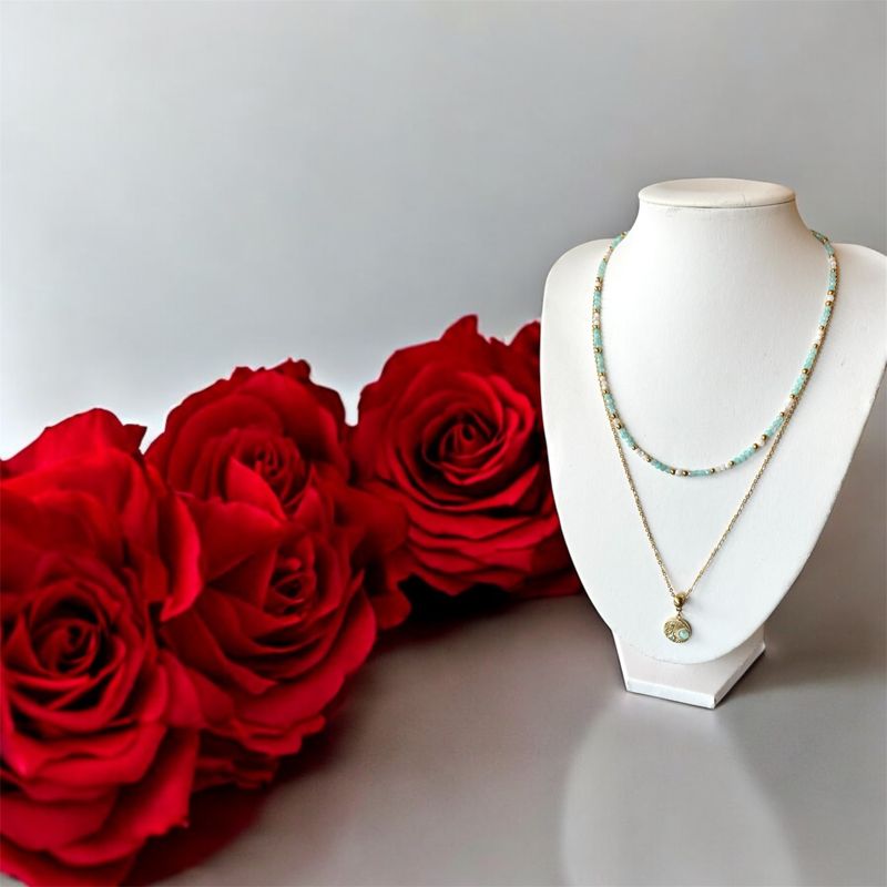 Double rock crystal necklace - amazonite